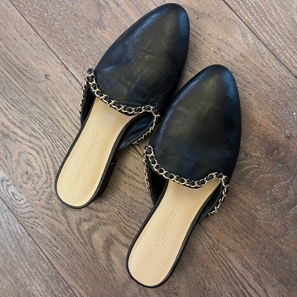 Karl Lagerfeld Black Leather Chain Slip On Mule Sandals